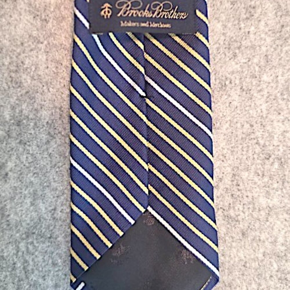 Brooks Brothers Blue Rep Tie with Gold and White Stripes (3.15") (Free tie-clip)